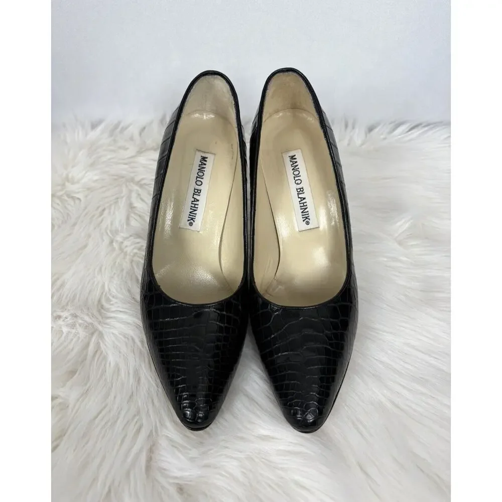 Manolo Blahnik Stiletto Pointed Toe Pumps Black Alligator Crocodile Size 37 - Picture 7 of 10